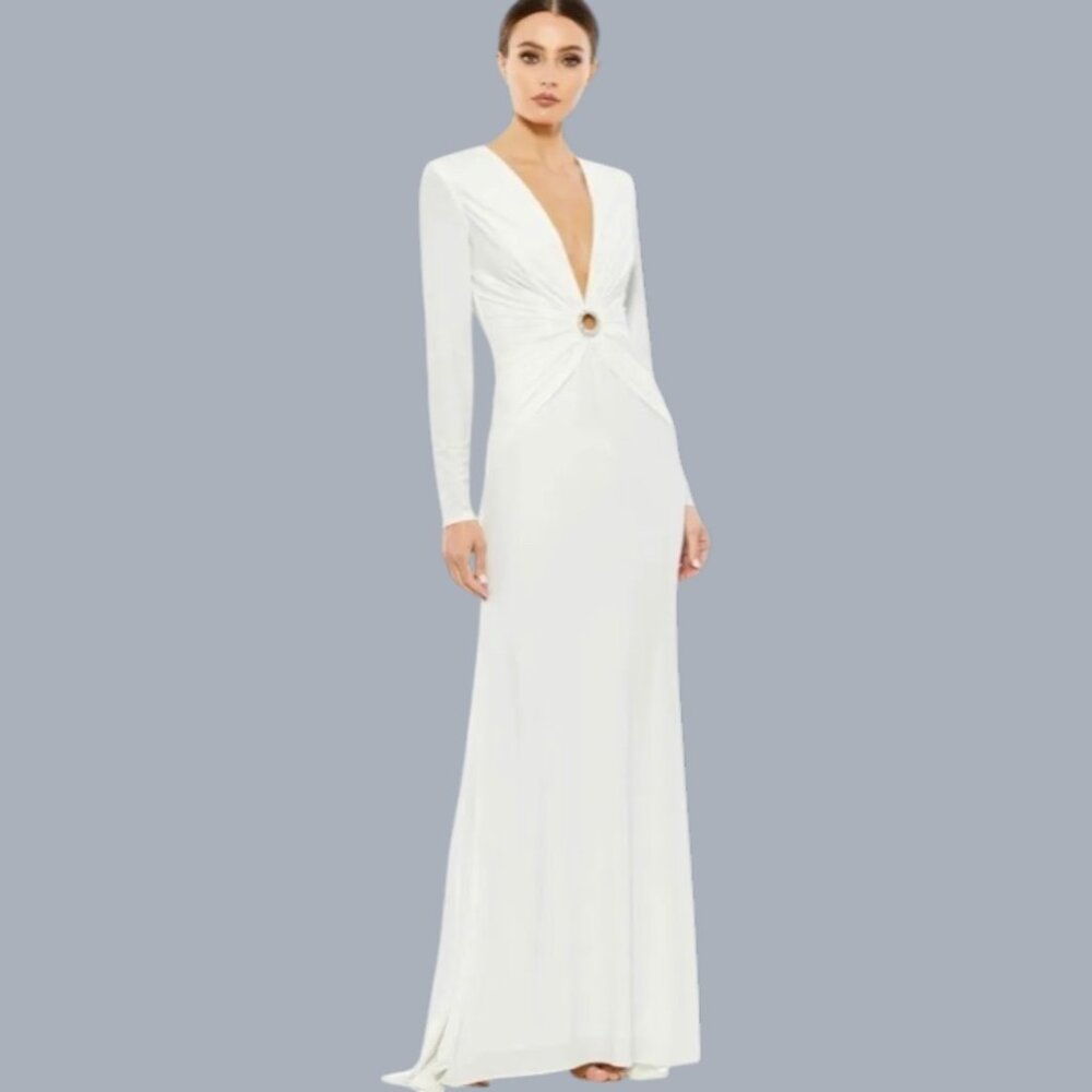 New!MAC DOUGGAL GATHERED PEARL LONG SLEEVE KEYHOLE JERSEY GOWN DRESS WHITE Sz 4
